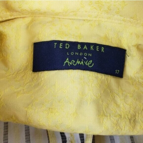 Ted Baker London Men's White Yellow Blue Striped Button Up Shirt Sz 17 Flip Cuff - Picture 7 of 13